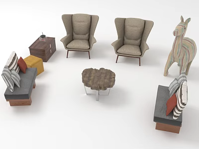 Modern Casual Sofa Set With Armchairs Coffee Table Soft Cushions And Side Table 3d model