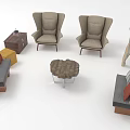 Modern Casual Sofa Set With Armchairs Coffee Table Soft Cushions And Side Table 3d model