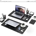 Organized Office Desk Setup With Black Desk Pads Laptops Phones Coffee Cups And Stationery