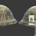 Military Camouflage Helmet with Handwritten Graffiti Bullet Shells and Ace of Spades Card