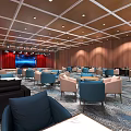 Spacious Conference Room Interior With Wooden Walls Red Curtains Large Screen And Patterned Carpet