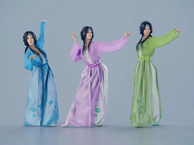 Women In Colorful Traditional Costumes With Flowing Sleeves Performing Graceful Dance Moves 3d model