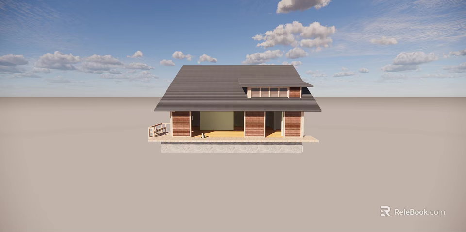 Detached House Exterior With Gray Roof Brown Walls And Front Porch Design 3d model 