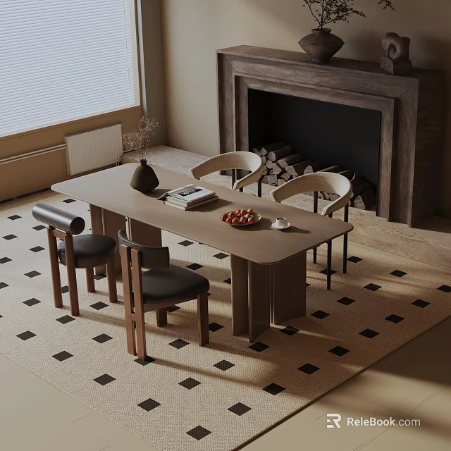 Modern Dining Table Set With Wooden Table And Black Leather Chairs Near Fireplace On Rug 3d model 