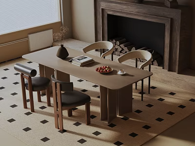 Modern Dining Table Set With Wooden Table And Black Leather Chairs Near Fireplace On Rug 3d model