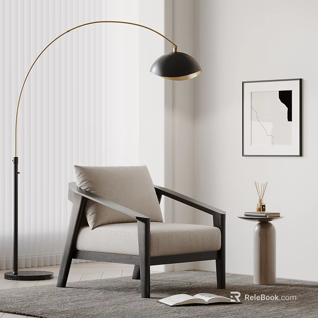 Beige Cushioned Leisure Chair With Black Wooden Frame Arched Floor Lamp And Abstract Wall Art 3d model 
