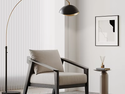 Beige Cushioned Leisure Chair With Black Wooden Frame Arched Floor Lamp And Abstract Wall Art 3d model