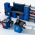 Blue A.E.T Brand Hardware Tools Equipment With Red Tools And Workshop Shelves 3d model