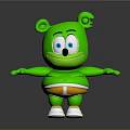 Green Cartoon Bear Creature with Big Blue Eyes Orange Shorts and Open Arms