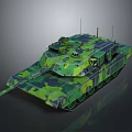 Modern Green Camouflage Military Tank With Armored Turret Cannon Antennas And Tracks