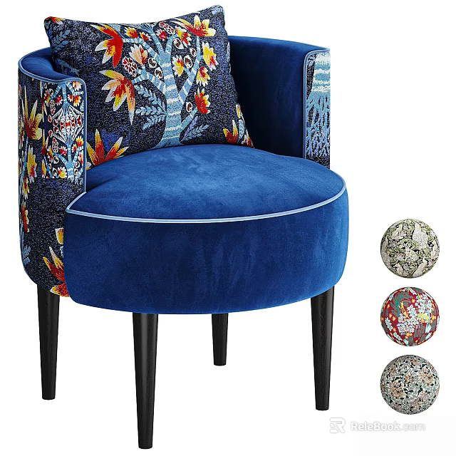 Vibrant Blue Accent Chair With Colorful Floral Pattern Cushions And Three Round Decorative Pillows 3d model 