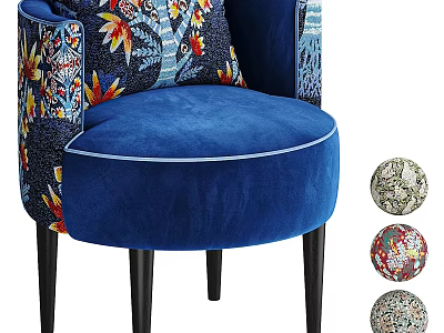 Vibrant Blue Accent Chair With Colorful Floral Pattern Cushions And Three Round Decorative Pillows 3d model