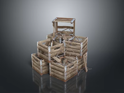 Stacked Wooden Crates Defensive Structure With Metal Supports And Cross Beams 3d model