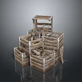 Stacked Wooden Crates Defensive Structure With Metal Supports And Cross Beams