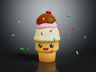 Cute Cartoon Ice Cream Cone With Chocolate Pink White Layers Topped With Cherry Colorful Sprinkles 3d model