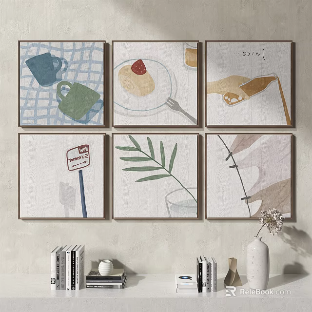 Six Panel Decorative Wall Art Featuring Watercolor Everyday Items And Plants 3d model