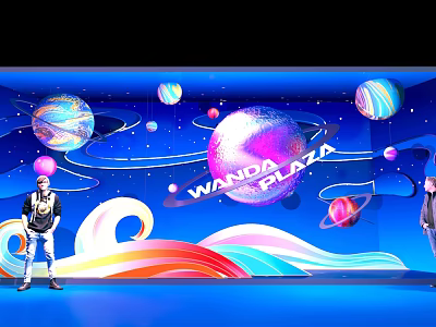 Wanda Plaza Window Display with Colorful Planets and Colorful Waves on Blue Background 3d model