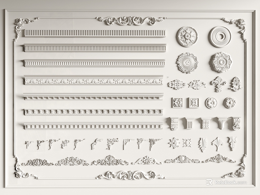 Plaster Moldings With Various Decorative Patterns Ornamental Lines And Carved Details 3d model 