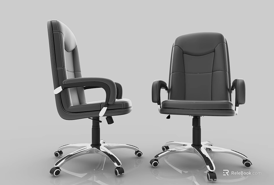 Modern Black Leather Office Chair With Armrests Metal Base And Swivel Wheels 3d model 