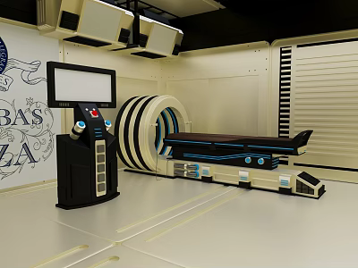 Modern Medical Equipment MRI Scanner With Control Panel And Display Screen In Clinic Room 3d model