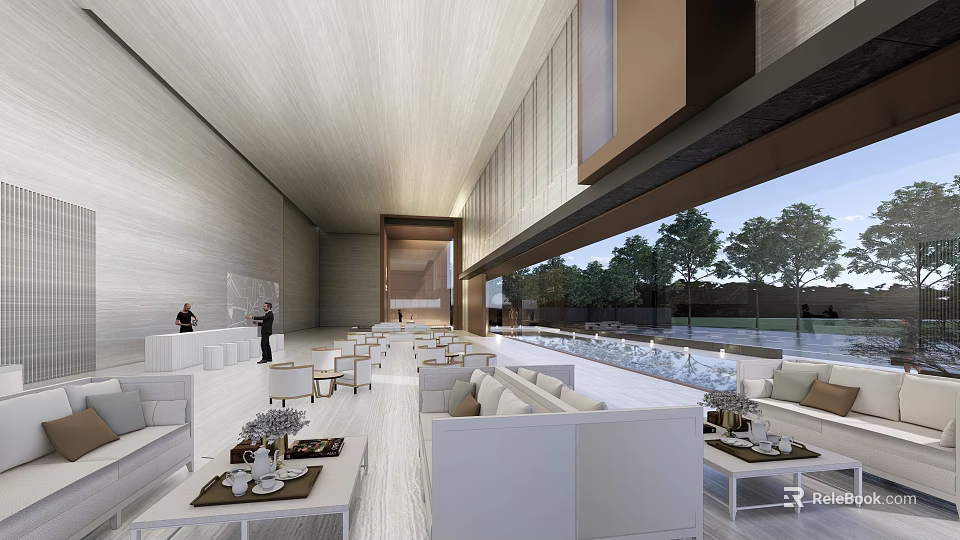 Modern Sales Office Interior With Spacious Layout White Sofas Glass Windows And Outdoor Tree View 3d model 