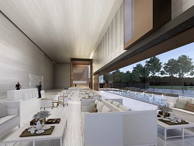 Modern Sales Office Interior With Spacious Layout White Sofas Glass Windows And Outdoor Tree View 3d model