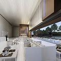 Modern Sales Office Interior With Spacious Layout White Sofas Glass Windows And Outdoor Tree View