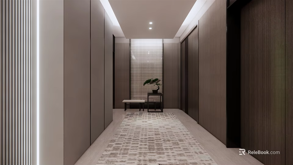 Modern Elevator Hallway Interior With Flanking Cabinets Patterned Carpet Small Table And Potted Plant 3d model