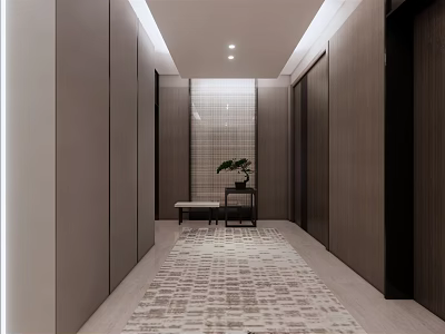 Modern Elevator Hallway Interior With Flanking Cabinets Patterned Carpet Small Table And Potted Plant 3d model