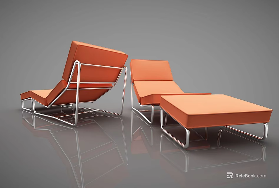 Modern Orange Lounge Chairs With Sleek Metal Frame And Matching Ottoman 3d model 