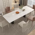 Modern Dining Table Set with White Marble Top Beige Brown Chairs in Bright Room