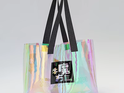 Iridescent Transparent Tote Bag With Black Straps And Label Featuring Text And Design 3d model
