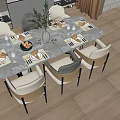 Elegant Modern Dining Table Set With Marble Top Chairs Tableware Fruits And Greenery 3d model