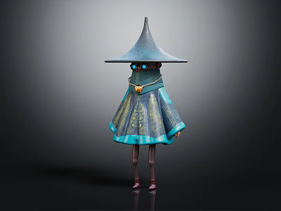Mystical Wizard Character With Tall Pointed Hat Blue Gold Cloak And Glowing Blue Eyes 3d model