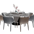 Round Dining Table Set with Marble Tabletop Light Gray Beige Chairs and Vase Decoration 3d model