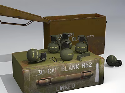 Military Weapons With Grenades And 30 CAL BLANK M52 In Open Green Ammunition Boxes 3d model
