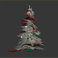 Decorated Christmas Tree On Wooden Circular Base With Red Ribbon Wrapped Around Branches