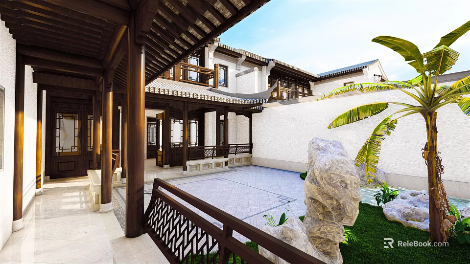 Chinese Style Semi-detached Villa With Courtyard Wooden Veranda Stone Slab Floor And Rockery 3d model 