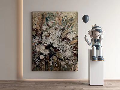 Floral Painting And Robot Sculpture In Modern Interior 3d model