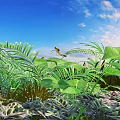 Lush Green Tropical Plants with Large Leaves and Dragonfly Under Blue Sky and White Clouds
