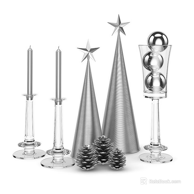 Ornamental Decor Set With Silver Cones Stars Candle Holders Glass Vase Spheres And Pine Cones 3d model 