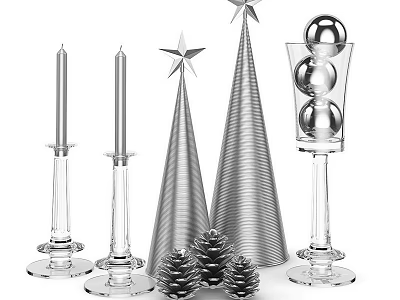 Ornamental Decor Set With Silver Cones Stars Candle Holders Glass Vase Spheres And Pine Cones 3d model