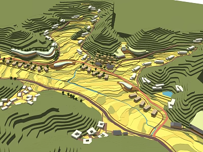 Scenic Rural Landscape With Rolling Hills Winding River And Scattered Houses 3d model