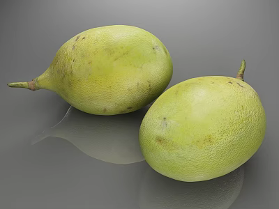 Two Fresh Green Pomelos With Smooth Skin On Gray Reflective Surface 3d model