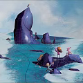 Cartoon Scene With Purple Rock Like Structures Blue Water Waves Characters And Floating Barrels