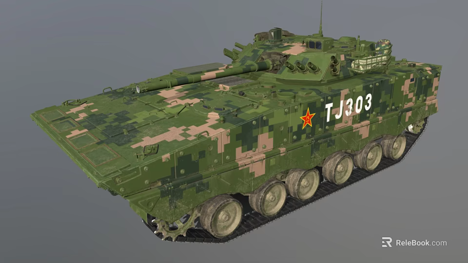 Military Tank with Green Brown Camouflage Paint TJ303 Number Red Star Emblem Turret and Tracks 3d model 