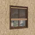 Wooden Blinds Window on Textured Wall with Outdoor Garden View and Green Plants