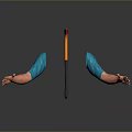 Creative Axe With Blue Sleeved Arms Stretched On Gray Background With Reflection