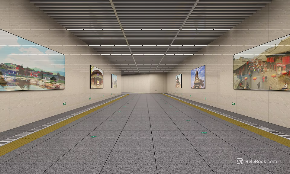 Modern Elevator Aisle with Wall Paintings Metal Grid Ceiling and Yellow Floor Lines 3d model 