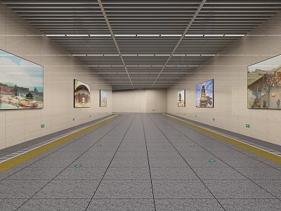 Modern Elevator Aisle with Wall Paintings Metal Grid Ceiling and Yellow Floor Lines 3d model
